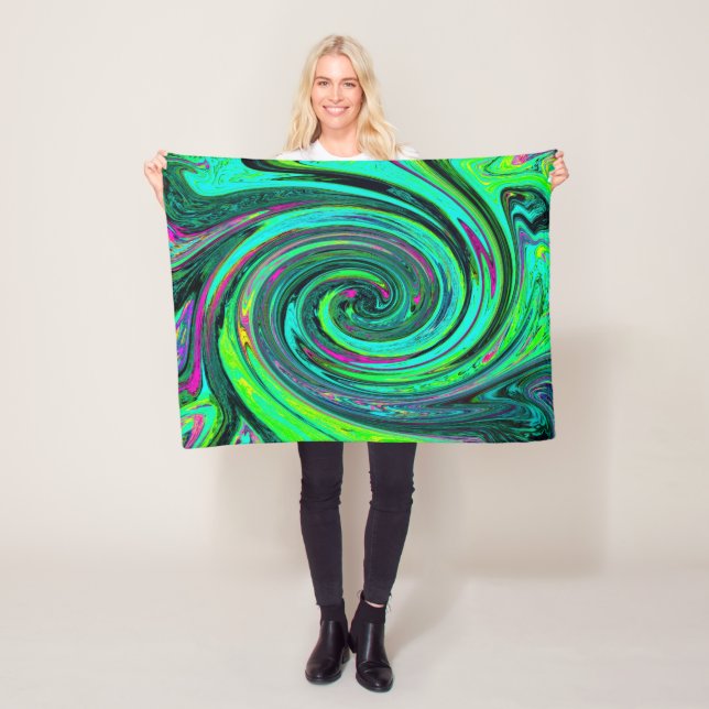 Groovy Abstract Retro Green and Magenta Swirl Fleecefilt (På plats)
