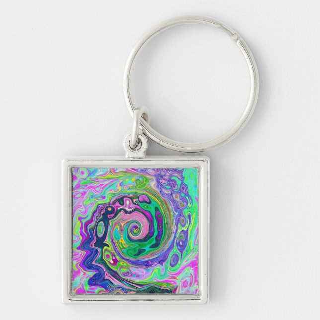 Groovy Abstrakt Aqua och Navy Lava Swirl Fyrkantig Silverfärgad Nyckelring (Framsidan)