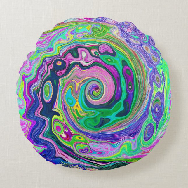 Groovy Abstrakt Aqua och Navy Lava Swirl Rund Kudde (Framsidan)