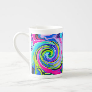 Groovy Abstrakt Gult och Navy Blue Swirl Benporslin Mugg