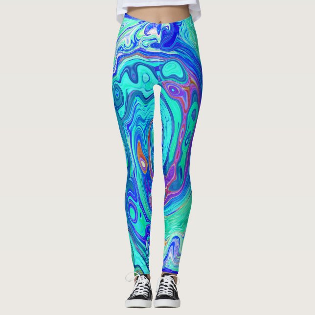 Groovy Abstrakt Ocean Blue och Grönt Liquid Swirl Leggings (Framsida)