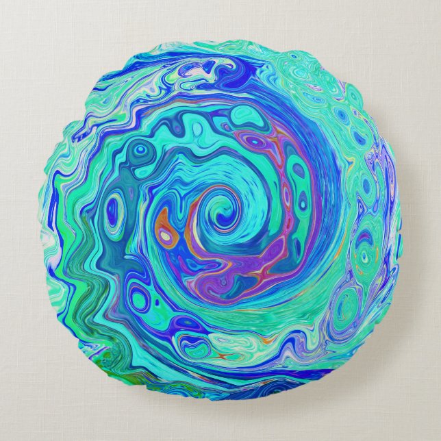 Groovy Abstrakt Ocean Blue och Grönt Liquid Swirl Rund Kudde (Framsidan)