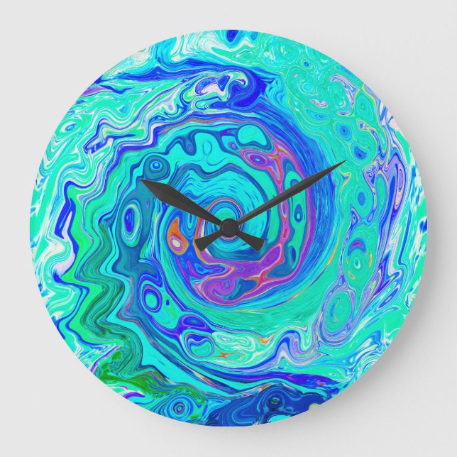 Groovy Abstrakt Ocean Blue och Grönt Liquid Swirl Stor Klocka (Framsida)