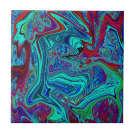 Groovy Abstrakt Retro Art in Blue and Red Kakelplatta