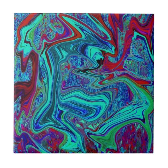 Groovy Abstrakt Retro Art in Blue and Red Kakelplatta (Framsidan)