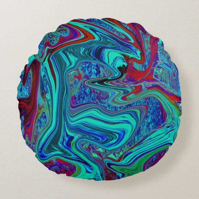 Groovy Abstrakt Retro Art in Blue and Red Rund Kudde (Framsidan)