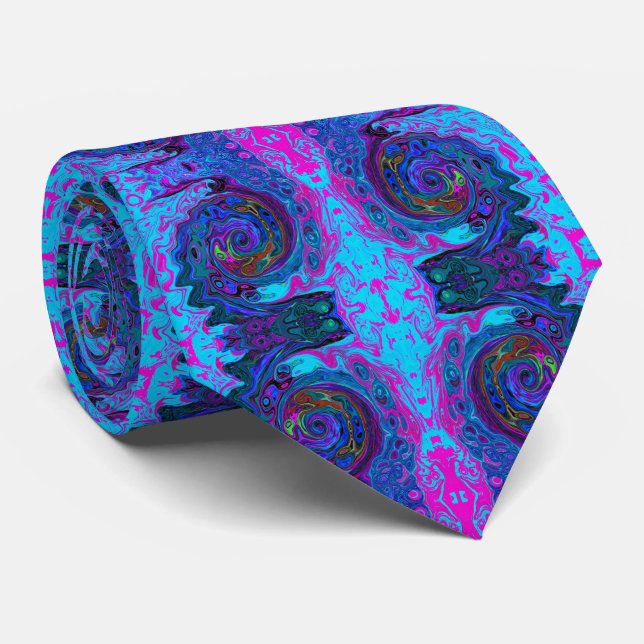Groovy Abstrakt Retro Blå och Lila Virvel Slips (Rullad)
