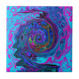 Groovy Abstrakt Retro Blue och Lila Swirl Kakelplatta