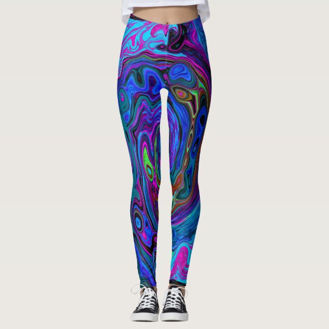 Groovy Abstrakt Retro Blue och Lila Swirl Leggings (Framsida)