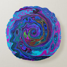 Groovy Abstrakt Retro Blue och Lila Swirl Rund Kudde