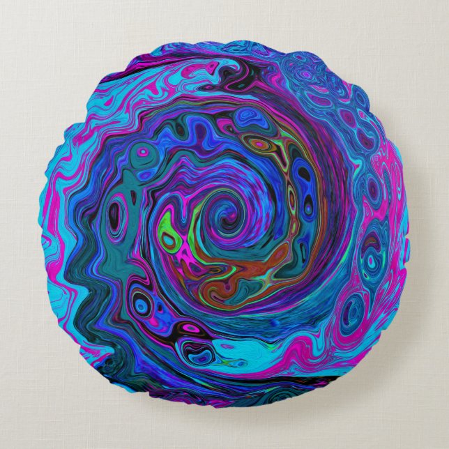 Groovy Abstrakt Retro Blue och Lila Swirl Rund Kudde (Framsidan)