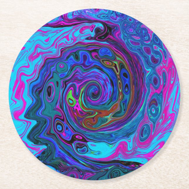 Groovy Abstrakt Retro Blue och Lila Swirl Underlägg Papper Rund (Framsidan)