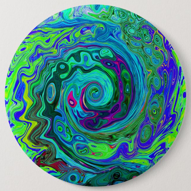 Groovy Abstrakt Retro Grönt och Blue Swirl Knapp (Framsida)