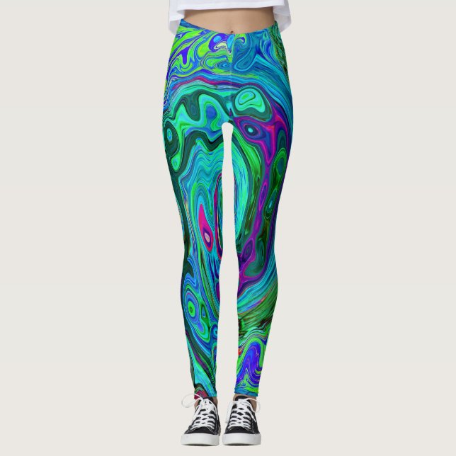 Groovy Abstrakt Retro Grönt och Blue Swirl Leggings (Framsida)