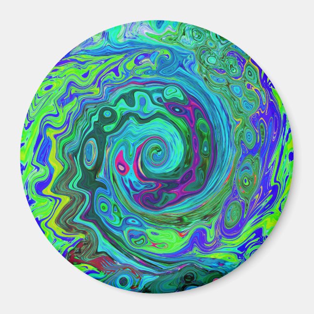 Groovy Abstrakt Retro Grönt och Blue Swirl Magnet (Framsidan)