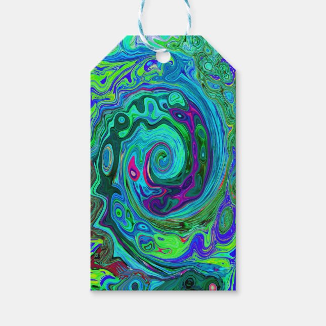 Groovy Abstrakt Retro Grönt och Blue Swirl Presentetikett (Framsidan)
