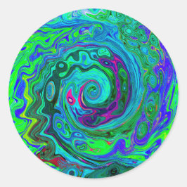 Groovy Abstrakt Retro Grönt och Blue Swirl Runt Klistermärke