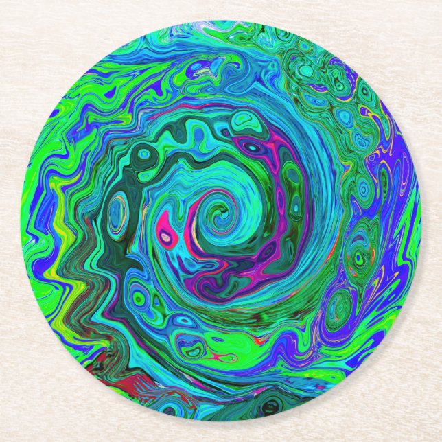 Groovy Abstrakt Retro Grönt och Blue Swirl Underlägg Papper Rund (Framsidan)