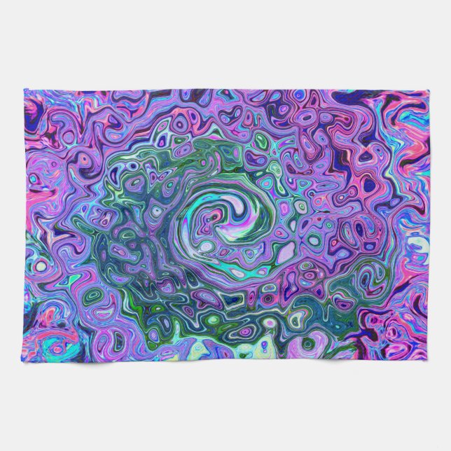 Groovy Abstrakt Retro Grönt och Lila Swirl Kökshandduk (Horisontell)