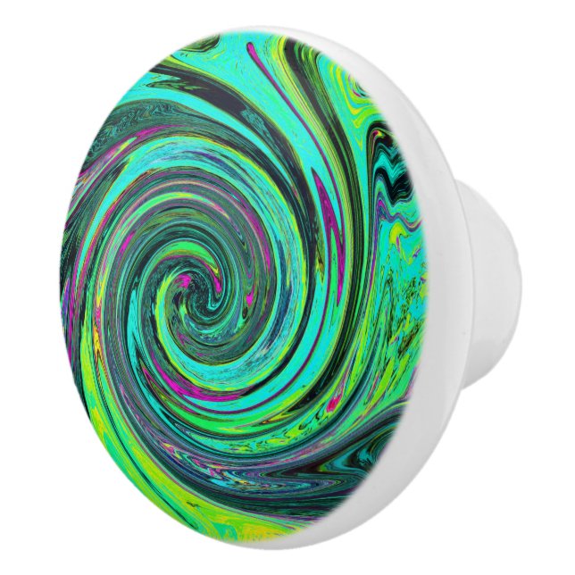 Groovy Abstrakt Retro Grönt och Magenta Swirl Knopp (Höger)