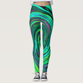 Groovy Abstrakt Retro Grönt och Magenta Swirl Leggings