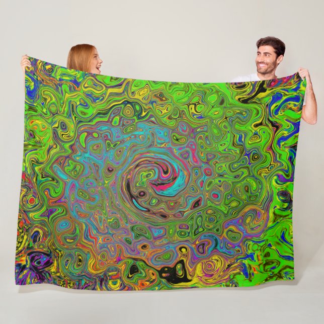 Groovy Abstrakt Retro Lime Green och Blue Swirl Fleecefilt (På plats)