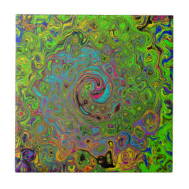 Groovy Abstrakt Retro Lime Green och Blue Swirl Kakelplatta