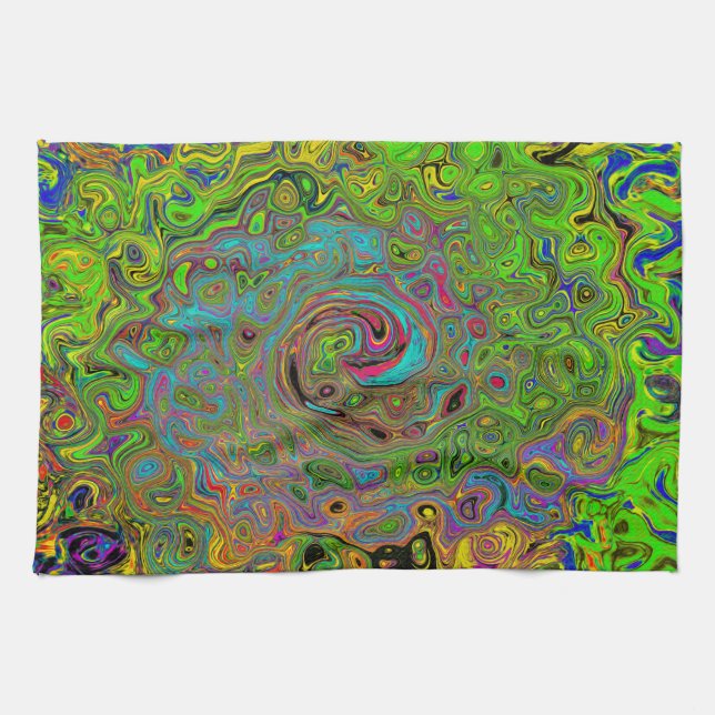 Groovy Abstrakt Retro Lime Green och Blue Swirl Kökshandduk (Horisontell)