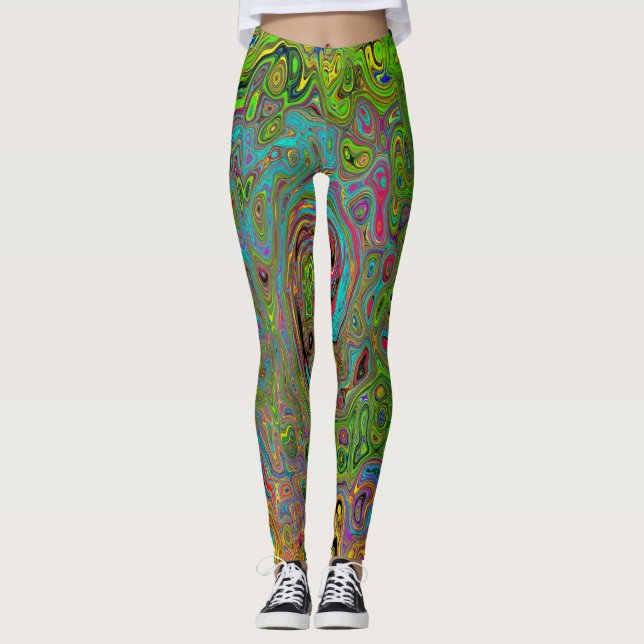 Groovy Abstrakt Retro Lime Green och Blue Swirl Leggings (Framsida)