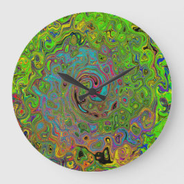 Groovy Abstrakt Retro Lime Green och Blue Swirl Stor Klocka