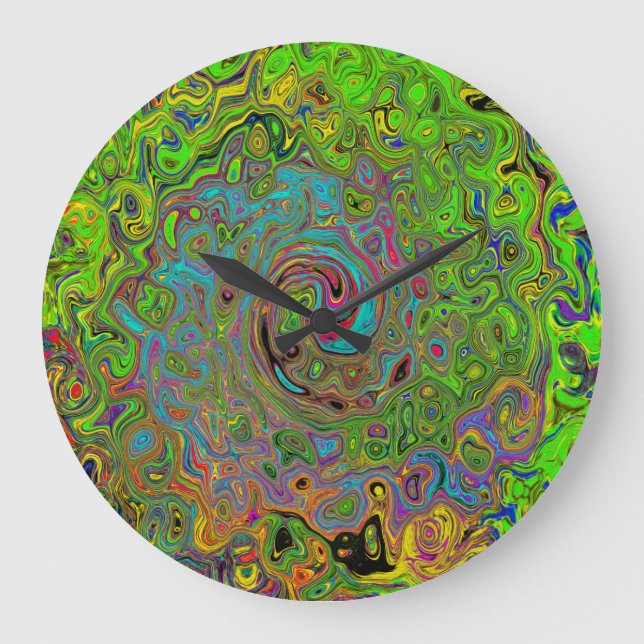 Groovy Abstrakt Retro Lime Green och Blue Swirl Stor Klocka (Framsida)
