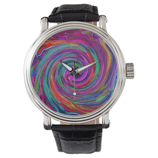 Groovy Abstrakt Retro Magenta Mörk Rainbow Swirl Armbandsur (Framsida)