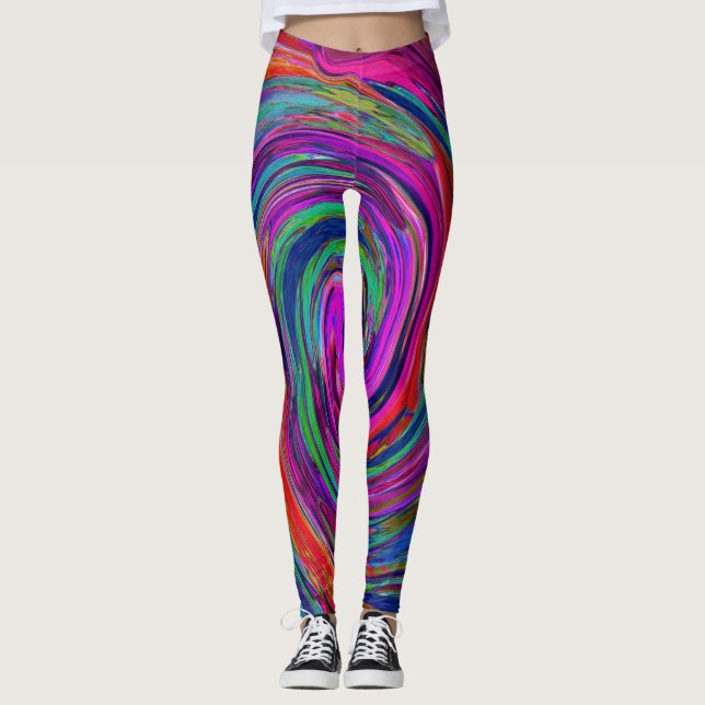 Groovy Abstrakt Retro Magenta Mörk Rainbow Swirl Leggings (Framsida)
