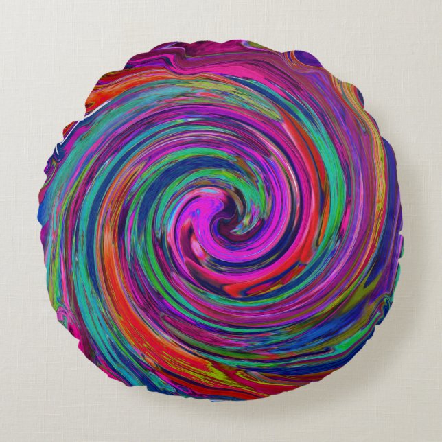 Groovy Abstrakt Retro Magenta Mörk Rainbow Swirl Rund Kudde (Framsidan)