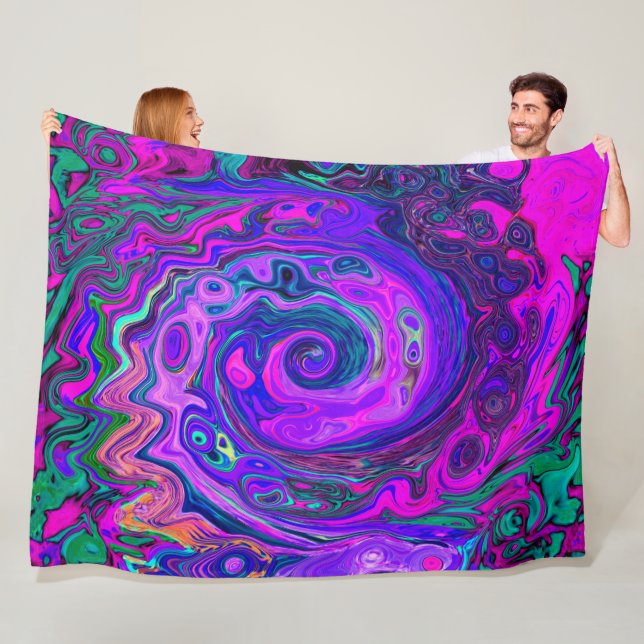 Groovy Abstrakt Retro Magenta och Lila Swirl Fleecefilt (På plats)