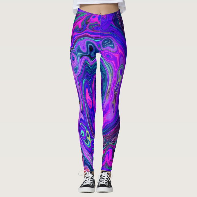 Groovy Abstrakt Retro Magenta och Lila Swirl Leggings (Framsida)