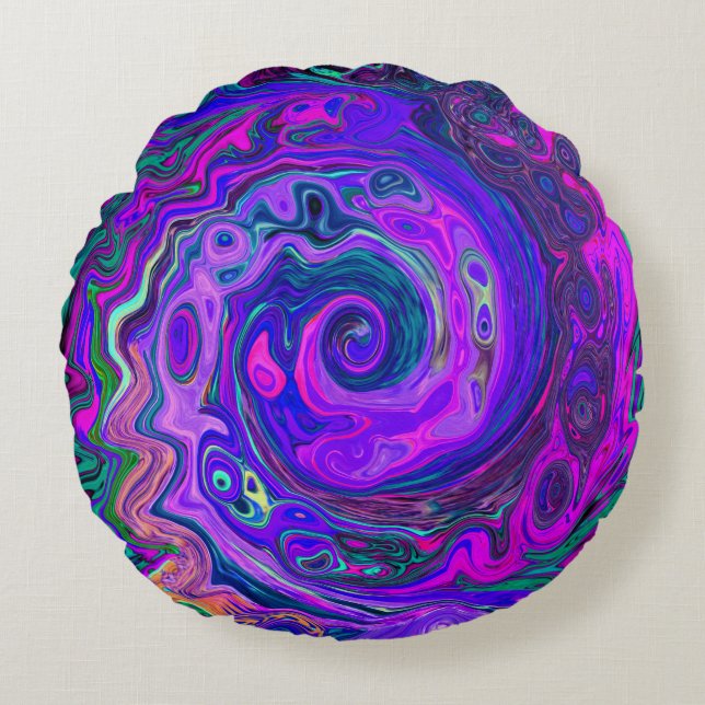 Groovy Abstrakt Retro Magenta och Lila Swirl Rund Kudde (Framsidan)