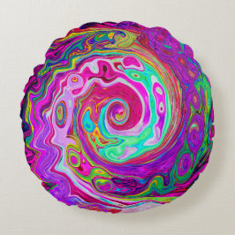Groovy Abstrakt Retro Magenta Rainbow Swirl Rund Kudde