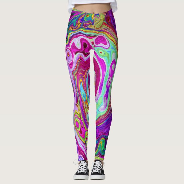 Groovy Abstrakt Retro Magenta Regnbåge Virvel Leggings (Framsida)