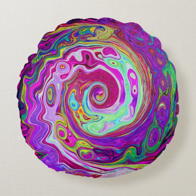 Groovy Abstrakt Retro Magenta Regnbåge Virvel Rund Kudde (Framsidan)
