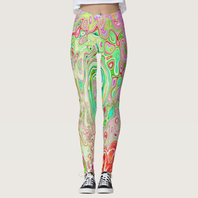 Groovy Abstrakt Retro Pastel Grönt Liquid Swirl Leggings (Framsida)