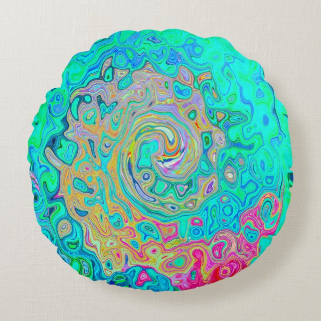 Groovy Abstrakt Retro Rainbow Liquid Swirl Rund Kudde (Framsidan)