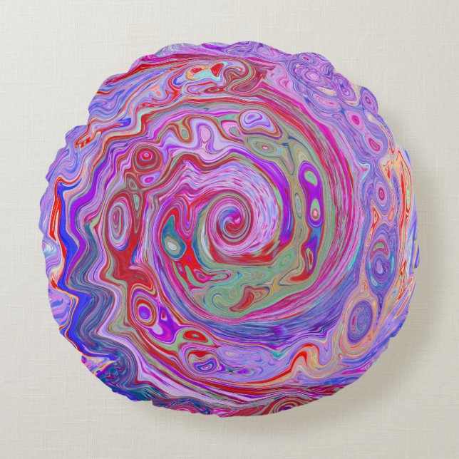 Groovy Abstrakt Retro Red, Lila and Rosa Swirl Rund Kudde (Framsidan)