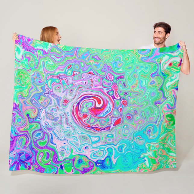 Groovy Abstrakt Retro Rosa och Grönt Swirl Fleecefilt (På plats)