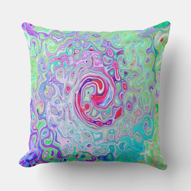 Groovy Abstrakt Retro Rosa och Grönt Swirl Kudde (Framsida)