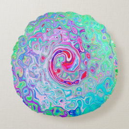 Groovy Abstrakt Retro Rosa och Grönt Swirl Rund Kudde
