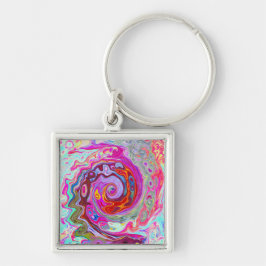 Groovy Abstrakt Retro Shock rosa och Blue Swirl Fyrkantig Silverfärgad Nyckelring