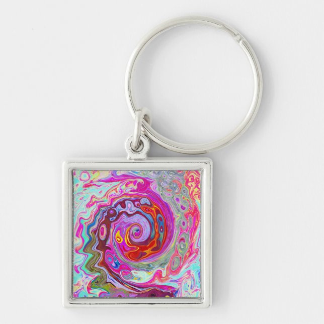 Groovy Abstrakt Retro Shock rosa och Blue Swirl Fyrkantig Silverfärgad Nyckelring (Framsidan)