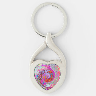 Groovy Abstrakt Retro Shock rosa och Blue Swirl Twisted Heart Silverfärgad Nyckelring