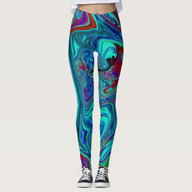 Groovy Abstrakt Retrokonst i Blått och Rött Leggings (Framsida)